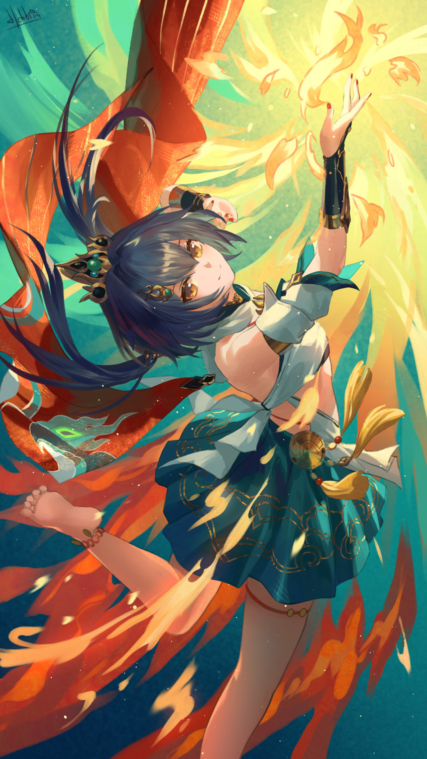 1girl anklet blue_hair crown detached_sleeves fire floating_hair hebbtia highres honkai:_star_rail honkai_(series) jewelry leg_up long_hair looking_at_viewer red_nails signature smile soles solo thigh_strap yellow_eyes yunli_(honkai:_star_rail)