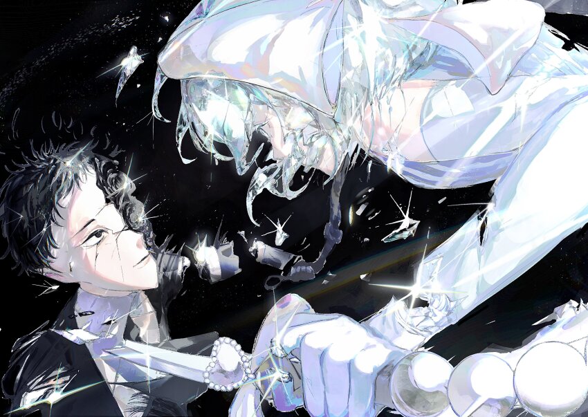 2others absurdres androgynous black_eyes bort broken broken_sword broken_weapon cracked_skin detached_sleeves diamond_(houseki_no_kuni) dress gem_uniform_(houseki_no_kuni) glint hashtag-only_commentary highres holding holding_sword holding_weapon houseki_no_kuni jewelry kashiba_(iiiiii_kasba) looking_at_another multiple_others ring short_hair sparkle spoilers sword upper_body weapon white_dress white_sleeves