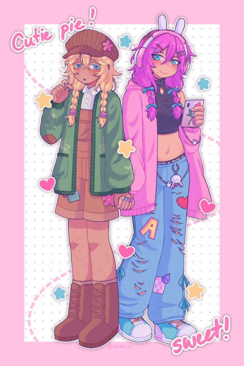 2girls :o alternate_skin_color animal_charm animal_ear_headphones animal_ears aubrey_(birthday)_(omori) aubrey_(faraway)_(omori) aubrey_(omori) back-to-back basil_(birthday)_(omori) basil_(faraway)_(omori) basil_(omori) black_shirt blue_bow blue_eyes blue_nails blue_pants blue_ribbon blue_shoes blush body_freckles boots border bow braid breasts brown_boots brown_hat brown_overalls brown_socks cardigan closed_mouth clothes_writing collared_shirt colored_eyelashes commentary copyright_name crop_top cropped_shirt dark-skinned_female dark_skin denim donuqx english_text fake_animal_ears fingernails floral_print flower forest_bunny?_(omori) freckles genderswap genderswap_(mtf) green_cardigan hair_bow hair_flower hair_ornament hair_over_shoulder hand_up hat headphones heart highres holding holding_hands holding_phone hood hood_down hooded_cardigan jeans knee_boots kneehighs lace-up_boots long_hair midriff mole mole_under_eye mole_under_mouth mr._plantegg_(omori) multicolored_nails multiple_girls nail_polish navel newsboy_cap official_alternate_costume official_alternate_hairstyle omori open_cardigan open_clothes open_mouth outline outside_border overalls pants phone pink_border pink_cardigan pink_flower pink_hair pink_nails pocket polka_dot polka_dot_background purple_nails rabbit_ear_headphones ribbon shirt shoes simple_background single_bare_shoulder sleeveless sleeveless_shirt small_breasts smile socks star_(symbol) symbol-only_commentary torn_clothes torn_jeans torn_pants twin_braids twitter_username white_background white_outline white_shirt yellow_nails