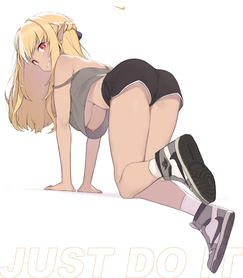 1girl absurdres arm_support artist_name ass bent_over black_shoes blonde_hair blush braid breasts bright_pupils camisole cloba crop_top dark-skinned_female dark_skin english_text french_braid from_side full_body grey_camisole grey_shoes grin hanging_breasts high_ponytail highres hololive large_breasts long_hair looking_at_viewer looking_back multicolored_hair nike_(company) nipple_slip nipples no_bra pointy_ears ponytail red_eyes shiranui_flare shoe_soles shoes short_shorts shorts sidelocks simple_background smile sneakers socks solo strap_slip streaked_hair underboob upshirt virtual_youtuber white_background white_hair white_shoes white_socks