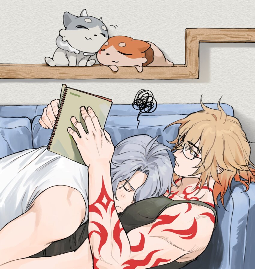 2boys antenna_hair arm_tattoo between_pectorals black_tank_top blonde_hair braid chest_tattoo chimera_(honkai:_star_rail) closed_eyes commentary couch facial_tattoo glasses gradient_hair hair_between_eyes highres holding holding_notebook honkai:_star_rail honkai_(series) lingling3870 lying male_focus medium_hair multicolored_hair multiple_boys mydei_(fig_stew)_(honkai:_star_rail) mydei_(honkai:_star_rail) notebook on_back on_couch pectorals phainon_(honkai:_star_rail) phainon_(vigethos)_(honkai:_star_rail) red_hair red_tattoo short_hair side_braid squiggle symbol-only_commentary tank_top tattoo white_hair white_tank_top yaoi yellow_eyes