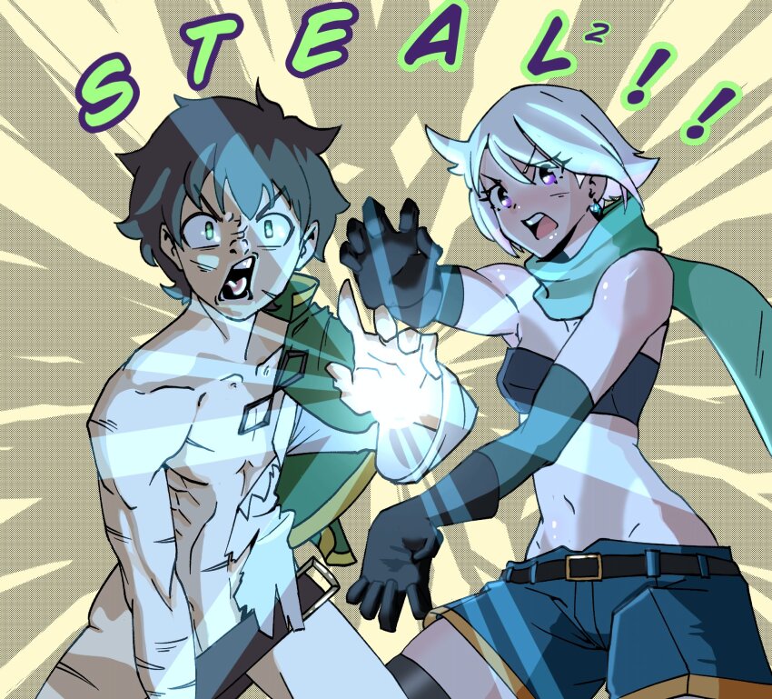 1boy 1girl angry bare_shoulders brown_hair bruise bruise_on_arm bruised_chest censored chris_(konosuba) convenient_censoring dragon_ball earrings english_text father-son_kamehameha green_eyes highres injury jewelry kamehameha_(dragon_ball) kono_subarashii_sekai_ni_shukufuku_wo! meme midriff nomskidoodles nude open_mouth pose_imitation purple_eyes satou_kazuma scarf short_hair shorts thighhighs white_hair