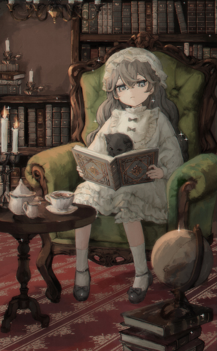 1girl armchair book book_stack bookshelf candle candlestand cat chair chandelier child creamer_(vessel) cup dress expressionless full_body globe grey_eyes grey_hair hat highres holding holding_book indoors long_hair mary_janes mob_cap original shoes sitting socks solo sparkle table tea_set teacup teapot tomoja_rs white_dress white_hat white_socks