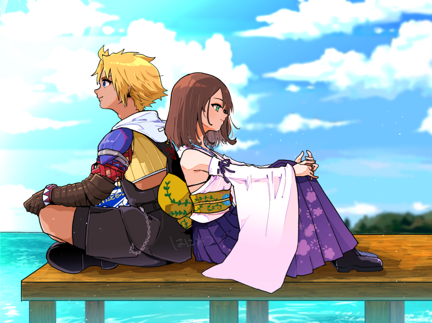 armor back-to-back ball bare_shoulders beads black_boots black_bra black_gloves black_overalls blitzball blonde_hair blue_eyes boots bra breasts brown_hair cloud cloudy_sky couple cropped_hoodie detached_sleeves dock final_fantasy final_fantasy_x full_body gloves green_eyes hair_beads hair_between_eyes hair_ornament hanimitsu_(bisko) hetero heterochromia holding holding_ball hood hood_down hoodie hugging_own_legs indian_style japanese_clothes long_skirt medium_breasts medium_hair midriff nontraditional_miko ocean overalls parted_bangs pleated_skirt purple_skirt shirt short_hair shoulder_armor sitting skirt sky smile tan tidus underwear white_shirt yuna_(ff10)
