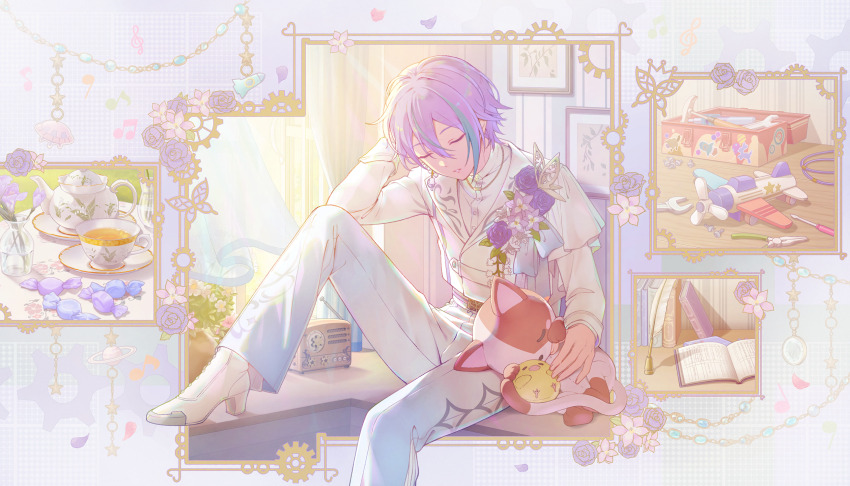 1boy closed_eyes colorful_palette cup dear_my_fellows_(project_sekai) game_cg highres kamishiro_rui official_alternate_costume official_art project_sekai teacup teapot