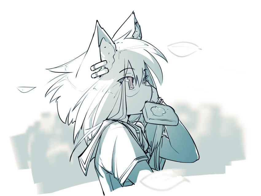 1girl animal_ear_fluff animal_ear_piercing animal_ears blurry blurry_background bracelet bread bread_slice commentary english_commentary food food_in_mouth fox_ears fox_girl from_side gold_(mantafriend) hair_between_eyes hand_on_own_cheek hand_on_own_face hand_up jewelry late_for_school leaf looking_ahead medium_hair monochrome mouth_hold original platinum_(mantafriend) red_eyes sailor_collar school_uniform serafuku short_sleeves sidelocks sketch solo spot_color toast toast_in_mouth upper_body