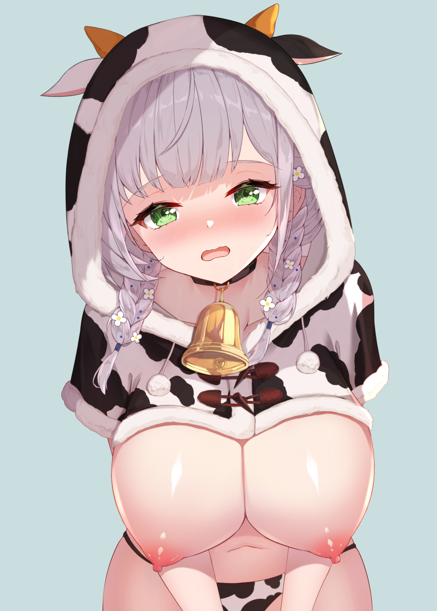 1girl absurdres animal_print bell blush braid breasts capelet cow_print cowbell flower green_eyes grey_hair hair_flower hair_ornament highres hololive hood hooded_capelet large_breasts leaning_forward looking_at_viewer medium_hair navel neck_bell nipples open_mouth shirogane_noel simple_background solo twin_braids virtual_youtuber yuruto