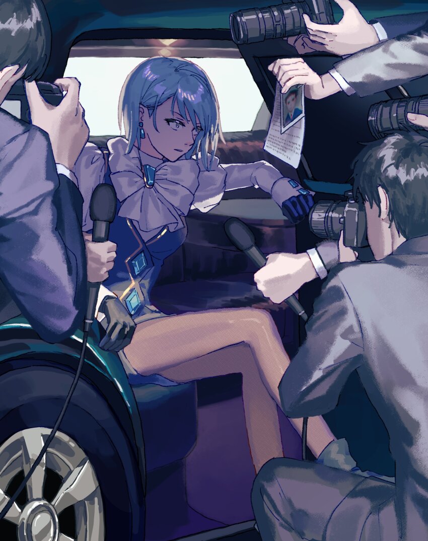 1girl 1other 2boys absurdres ace_attorney ascot black_gloves blue_gemstone camera commentary_request franziska_von_karma from_outside gem gloves grey_hair highres holding holding_camera holding_microphone medium_hair microphone multiple_boys open_mouth oshaberi_usagi pantyhose paparazzi phoenix_wright photo_(object) sitting white_ascot