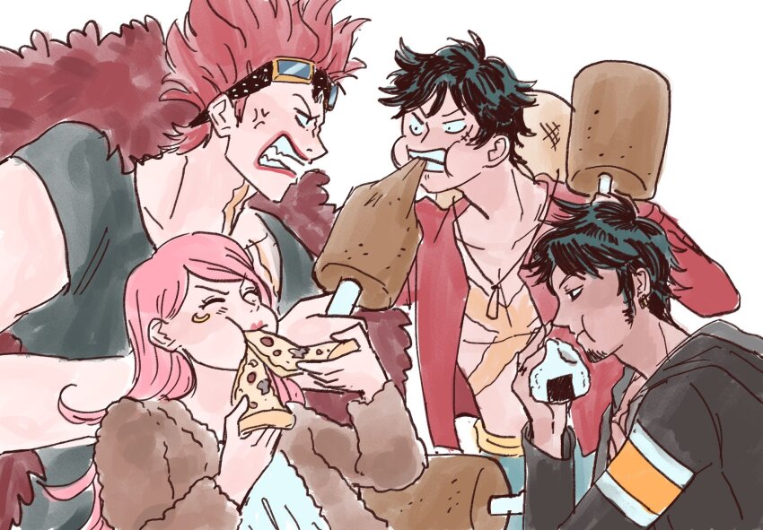1girl 3boys ^_^ anger_vein avaxxah black_hair closed_eyes commentary eating english_commentary eustass_kid facial_hair food goatee goggles goggles_on_head highres jewelry_bonney meat monkey_d._luffy multiple_boys one_piece onigiri pink_hair pizza scar scar_on_face shirt sideburns simple_background t-shirt trafalgar_law white_background