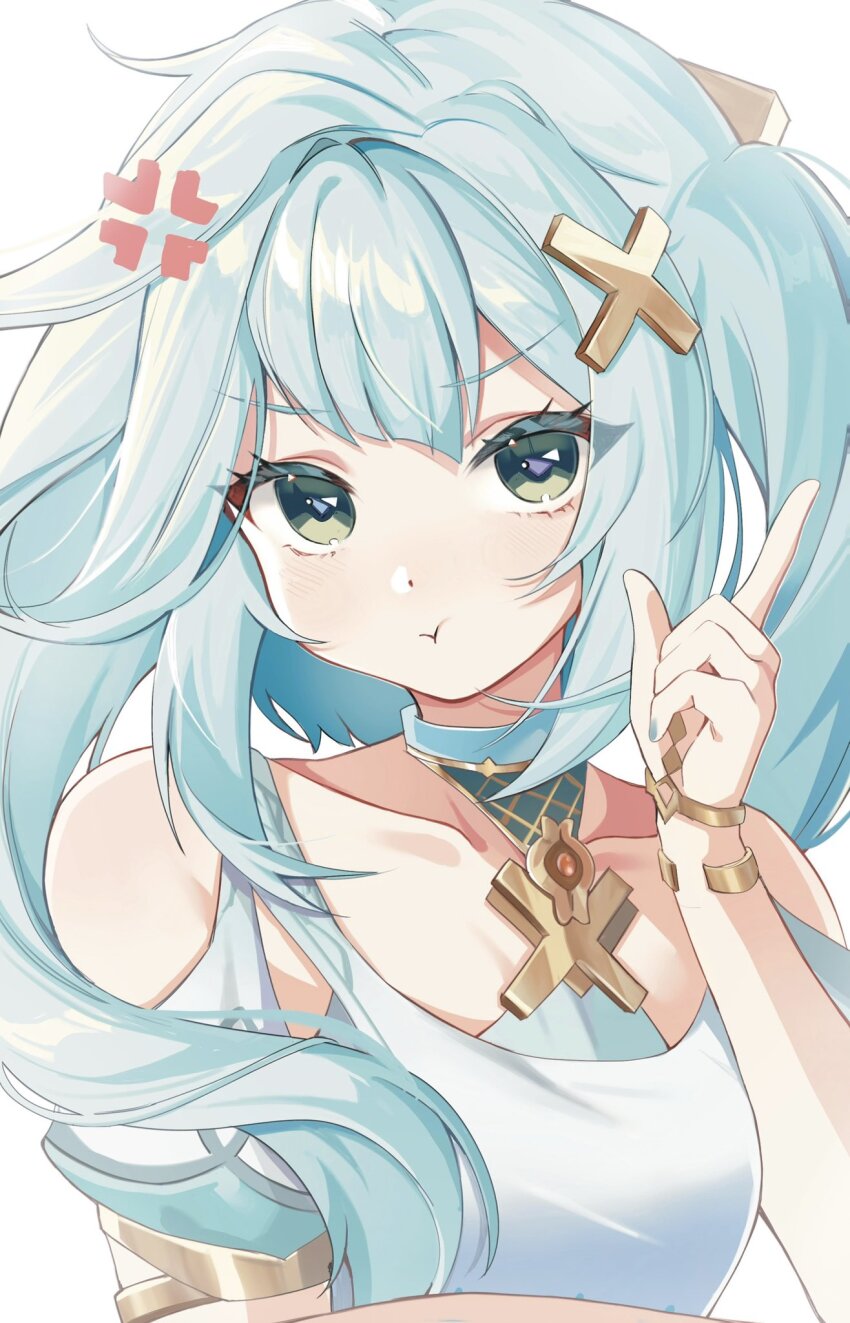 1girl :t anger_vein aqua_hair bare_shoulders blush bracelet closed_mouth collarbone dress faruzan_(genshin_impact) genshin_impact geumxxi green_eyes hair_ornament hashtag-only_commentary highres jewelry long_hair looking_at_viewer pout simple_background solo symbol-shaped_pupils triangle-shaped_pupils twintails upper_body white_background white_dress x_hair_ornament