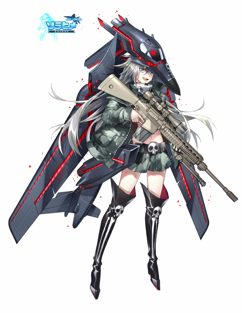 1girl :d ace_virgin aircraft airplane b-1_lancer belt black_boots blue_eyes boots camouflage camouflage_jacket camouflage_skirt copyright_name female_focus fhalei finger_on_trigger full_body grey_hair gun hair_between_eyes heavy_bomber helmet high_heel_boots high_heels highres holding holding_gun holding_weapon jacket knee_boots logo long_hair long_sleeves looking_at_viewer machinery mecha_musume midriff muzzle_device navel north_american_rockwell open_mouth penetrator_(aircraft) pleated_skirt rifle rockwell_international scope skirt skull smile sniper_rifle solo standing strategic_bomber supersonic_aircraft very_long_hair weapon weapon_request white_background