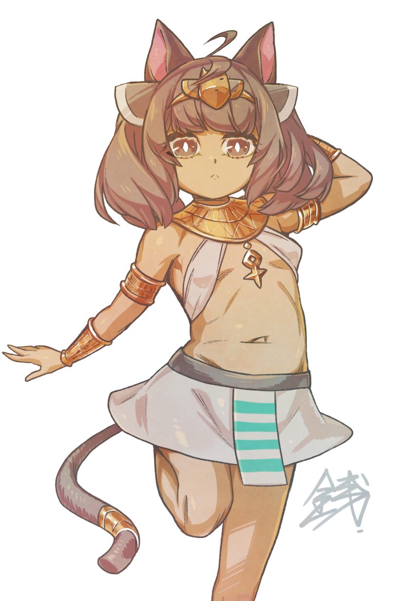 1girl ancient_egyptian_clothes animal_ears ankh_necklace breasts brown_egyptian_cat-eared_loli_(trend) brown_eyes brown_hair cat_ears cat_girl cat_tail commentary_request dark-skinned_female dark_skin expressionless gold headgear highres looking_at_viewer medium_hair navel sentarou skirt small_breasts solo standing standing_on_one_leg tail tan touhoku_kiritan twintails voiceroid