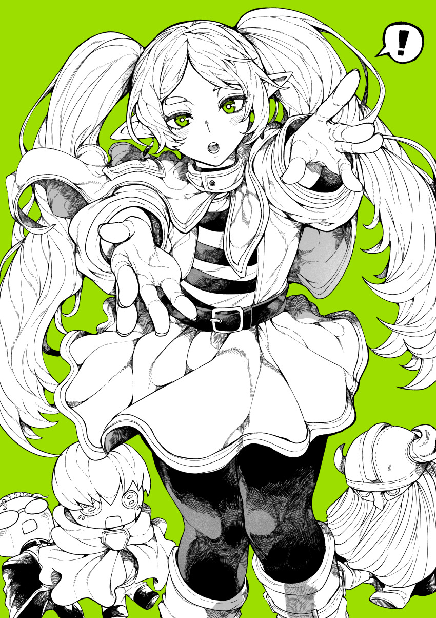 ! 1girl absurdres belt character_doll commentary_request doll eisen_(sousou_no_frieren) elf frieren green_background green_eyes greyscale greyscale_with_colored_background heiter highres himmel_(sousou_no_frieren) looking_at_viewer monochrome pointy_ears shirt simple_background skirt solo sousou_no_frieren spoken_exclamation_mark striped_clothes striped_shirt twintails yotsumi_shiro