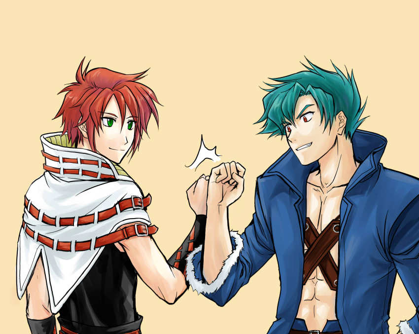 2boys abs aqua_hair banpresto brothers fernando_albark fist_bump folka_albark green_hair highres male_focus multiple_boys red_hair riyan siblings super_robot_wars super_robot_wars_original_generation