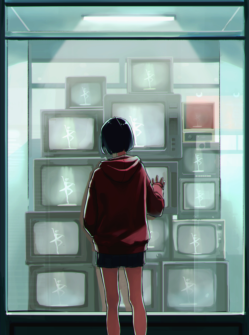 1girl absurdres against_glass backlighting ballerina black_hair ceiling_light crt facing_away from_behind hand_in_pocket hand_on_glass highres hood hood_down hoodie miniskirt original pleated_skirt red_hoodie reflection shop short_hair skirt solo standing television window zenroziura