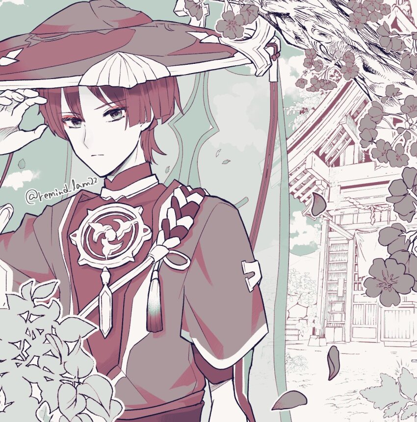 1boy architecture arm_at_side bodysuit branch building closed_mouth cloud cloudy_sky east_asian_architecture expressionless eyelashes eyeliner eyeshadow falling_petals flower genshin_impact han&#039;eri hand_up hat highres japanese_clothes jewelry jingasa kimono layered_kimono looking_at_viewer makeup male_focus mask_on_hat mitsudomoe_(shape) monochrome neck_ring open_clothes open_hand open_kimono outdoors petals red_eyeliner red_eyeshadow remind_lam22 rope scaramouche_(genshin_impact) shimenawa short_sleeves sky solo tassel tomoe_(symbol) tree tsurime twitter_username upper_body veil