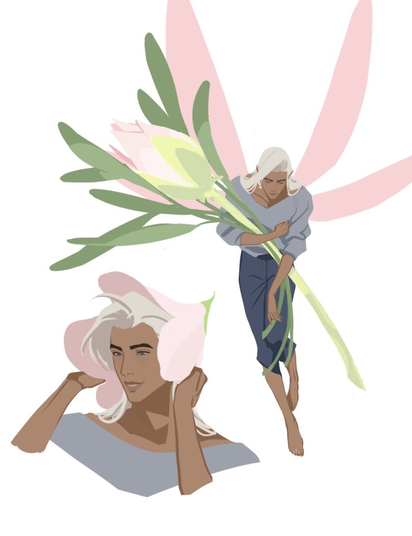 1boy arms_up barefoot blue_pants brown_eyes commentary cropped_shoulders dark-skinned_male dark_skin fairy fairy_wings floatinge99 flower flower_on_head grey_sweater highres holding holding_flower lifeweaver_(overwatch) long_hair male_focus mini_person miniboy overwatch overwatch_2 pants parted_lips pink_flower pink_wings simple_background sleeves_rolled_up smile sweater sweater_tucked_in symbol-only_commentary white_background white_hair wings
