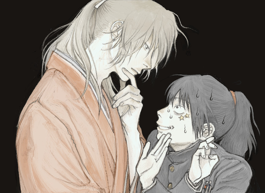 2boys bags_under_eyes bakumatsu_shishi_channel black_background black_hair breast_pocket brown_hair closed_mouth commentary_request dual_persona eye_contact from_side gakuran grin hair_over_shoulder hair_tie hand_on_own_chin hands_up height_difference highres japanese_clothes kimono kirizaki-kun_wa. kirizaki_ei light_frown long_hair long_sleeves looking_at_another male_focus multiple_boys narrowed_eyes nervous_smile nervous_sweating object_in_pocket pen_in_pocket pocket ponytail profile q-gou_(no_nine_84) red_kimono sakamoto_ryouma_(bakumatsu_shishi_channel) scared school_uniform simple_background smile star_sticker sticker_on_face stroking_own_chin sweat upper_body v-shaped_eyebrows