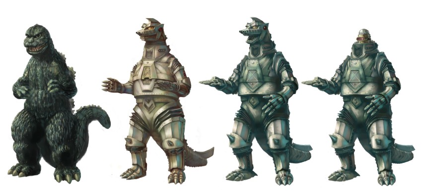 alien alternate_form battle_damage damaged dinosaur disguise fake_godzilla fighting_stance finger_missile finger_rocket godzilla_(series) godzilla_vs._mechagodzilla highres injury kaiju mecha mechagodzilla mechagodzilla_2 military missile multiple_persona no_humans robot rocket space_monster tail terror_of_mechagodzilla toho transformation ultra-taf weapon