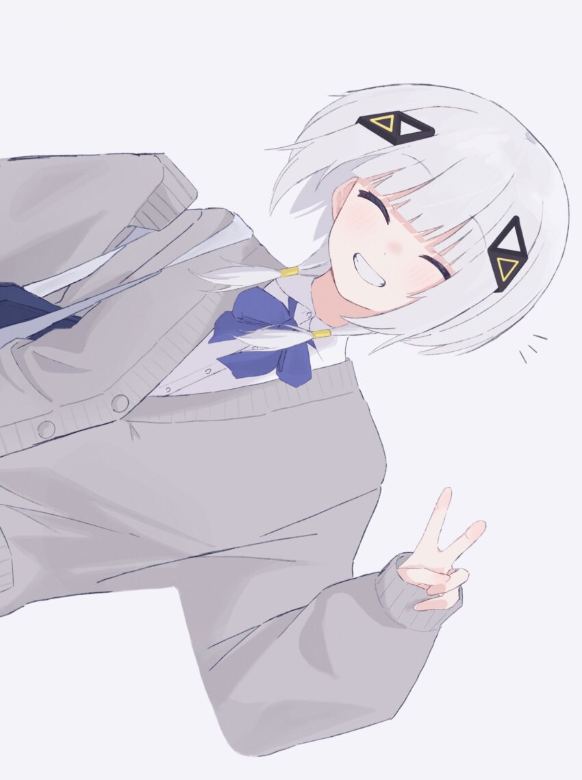 1girl ^_^ alternate_costume bag bow bowtie cardigan cevio closed_eyes collared_shirt flat_chest grey_hair grey_jacket grin hair_ornament hair_tubes hand_up head_tilt highres jacket kafu_(cevio) long_hair long_sleeves medium_hair notice_lines saka_(sa_ka) school_bag school_uniform shirt sideways simple_background sleeves_past_wrists smile solo v white_shirt