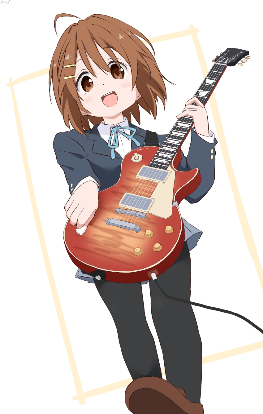 1girl artist_name black_pantyhose cynical_(llcbluckg_c004) electric_guitar feet_out_of_frame female_focus gibson_les_paul guitar hair_between_eyes hair_ornament hairclip hirasawa_yui holding holding_guitar holding_instrument instrument jacket k-on! long_sleeves looking_at_viewer open_mouth pantyhose ribbon sakuragaoka_high_school_uniform school_uniform shirt short_hair skirt solo standing teeth white_shirt