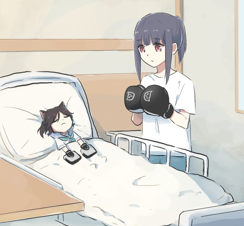 2girls bed black_hair blanket boxing_gloves brown_hair closed_eyes closed_mouth commentary focus_mitts hands_up hibike!_euphonium hospital_bed indoors kasaki_nozomi liz_to_aoi_tori looking_at_another lying lyy mini_person minigirl multiple_girls on_back pants pillow ponytail sad sailor_collar shirt short_sleeves symbol-only_commentary white_shirt yoroizuka_mizore