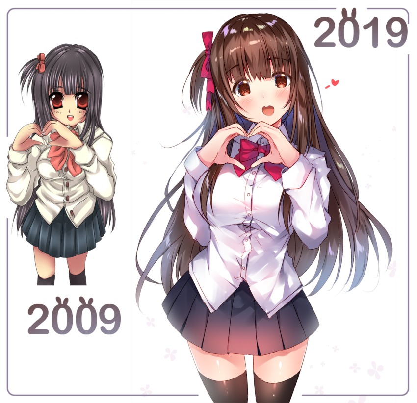 1girl 2009 2019 :d artist_progress black_skirt blush bow breasts brown_eyes brown_hair brown_thighhighs collared_shirt dress_shirt fingernails hair_bow head_tilt heart heart_hands highres long_hair long_sleeves medium_breasts one_side_up open_mouth original pleated_skirt red_bow redrawn shirt skirt smile thighhighs usagihime very_long_hair white_shirt