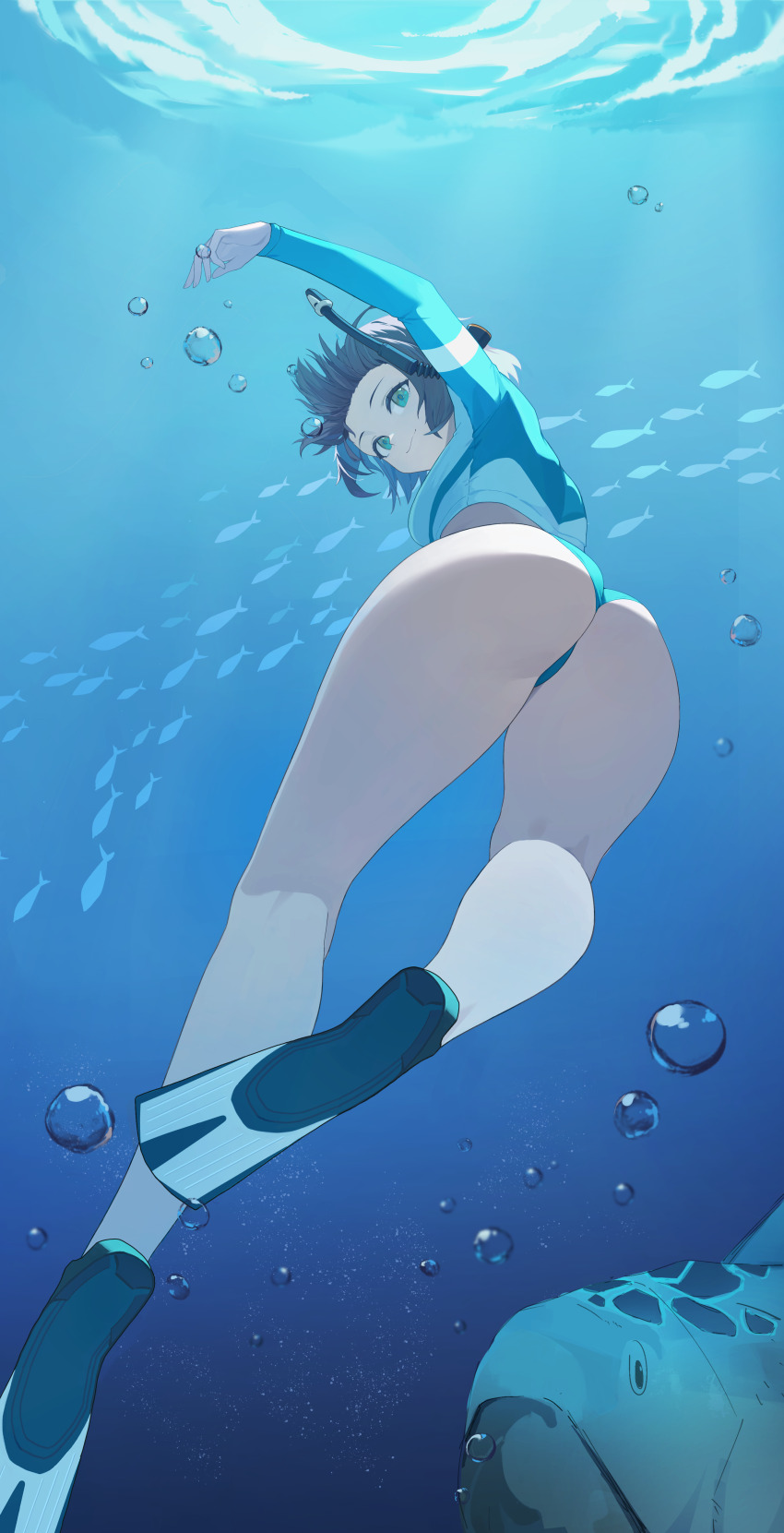 1girl absurdres ass bare_legs bikini bikini_bottom_only blue_archive blue_bikini blue_shirt bubble closed_mouth commentary_request diving fish flippers from_behind green_eyes highres jiuzaiqianjitian kneepits long_sleeves looking_at_viewer looking_back ocean official_alternate_costume saki_(blue_archive) saki_(swimsuit)_(blue_archive) school_of_fish shirt short_hair smile solo submerged swimsuit thighs underwater