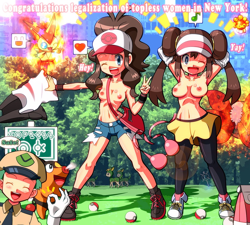 10s 3girls armpits arms_behind_head bad_id bad_pixiv_id baseball_cap black_legwear blue_eyes breasts breasts_apart breath brown_hair burnt_clothes castform castform_(sunny) character_name character_request congratulations deerling deerling_(summer) denim denim_shorts double_bun emoticon english_text female_focus fire gen_2_pokemon gen_3_pokemon gen_5_pokemon gloves green_hair hair_bun happy hat heart highres hilda_(pokemon) hot jenny_(pokemon) legendary_pokemon long_hair medium_breasts multiple_girls musical_note mythical_pokemon necktie new_york_city nintendo nipples ok_sign one_eye_closed open_mouth pantyhose poke_ball poke_ball_(basic) pokemon pokemon_(anime) pokemon_(creature) pokemon_bw pokemon_bw2 police police_uniform policewoman ponytail quaver rorretsim rosa_(pokemon) shadow shirt shoes short_hair shorts sign smile sneakers spoken_heart spoken_musical_note staff star_(symbol) sweat teeth tepig text_focus topfreedom topless_female twintails undressing unown unown_e unown_k unown_l unown_o unown_p unown_s unown_t unownglyphics unworn_shirt unworn_vest v vest victini visor_cap volcarona wink wristband