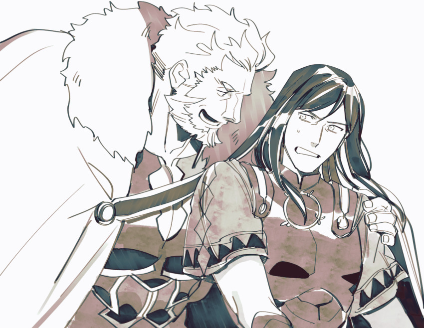 2boys adam&#039;s_apple alternate_costume beard cape facial_hair fate_(series) fingernails fur-trimmed_cape fur_trim greyscale halorane hand_on_another&#039;s_shoulder iskandar_(fate) korean_commentary long_hair long_sleeves lord_el-melloi_ii male_focus monochrome multiple_boys open_mouth short_hair short_sleeves simple_background upper_body waver_velvet white_background