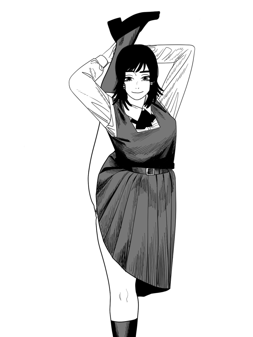1girl chainsaw_man closed_mouth collared_shirt dress female_pubic_hair flexible fourth_east_high_school_uniform fujimoto_tatsuki_(style) greyscale highres holding_own_leg kneehighs leg_lift leg_up long_sleeves looking_at_viewer mifune_fumiko monochrome nanami_toga pinafore_dress pubic_hair school_uniform shirt shoes sleeveless sleeveless_dress smile socks solo split standing standing_on_one_leg standing_split