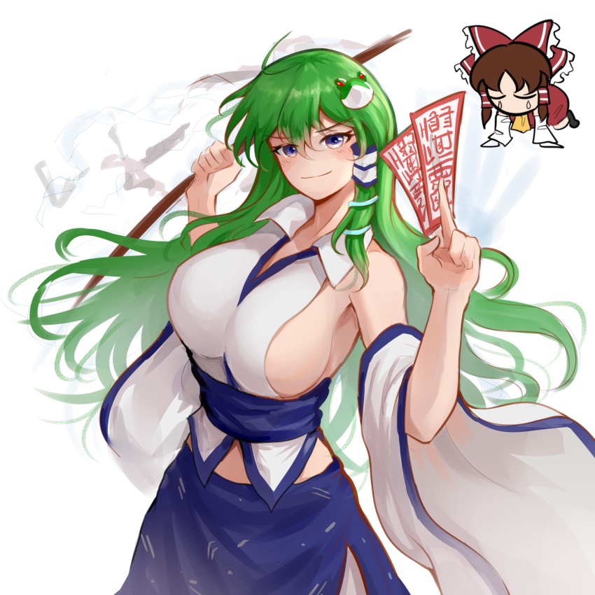 2girls armpits ascot blue_eyes blue_skirt bow breast_envy breasts brown_hair detached_sleeves edz_drawz frilled_bow frilled_hair_tubes frills frog_hair_ornament gohei green_hair hair_bow hair_ornament hair_tubes hakurei_reimu highres huge_breasts kochiya_sanae long_hair looking_at_viewer multiple_girls red_bow shirt sideboob single_hair_tube skirt sleeveless sleeveless_shirt smile snake_hair_ornament touhou white_shirt