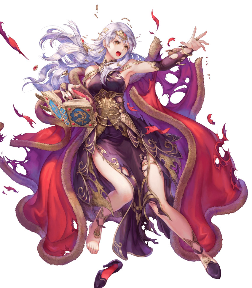 1girl armpits bare_shoulders barefoot book breasts bridal_gauntlets brown_eyes dress fire_emblem fire_emblem:_radiant_dawn fire_emblem_heroes floating floating_object full_body fur_trim haccan hair_ornament high_heels highres jewelry long_hair looking_away medium_breasts micaiah_(fire_emblem) micaiah_(radiant_queen)_(fire_emblem) nintendo official_art open_book open_mouth purple_dress silver_hair solo thigh_strap tiara toes torn_clothes torn_dress transparent_background