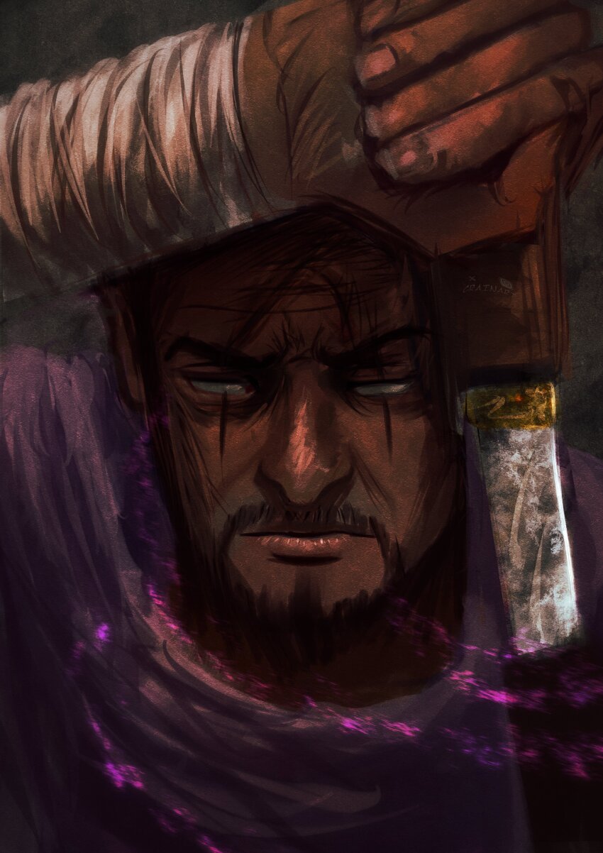 1boy absurdres beard blind close-up closed_mouth crain1art facial_hair fujitora_(one_piece) highres holding holding_sword holding_weapon male_focus one_piece scar scar_on_face sheath solo sword unsheathing weapon