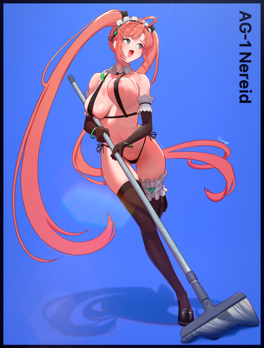 1girl bikini black_bikini black_thighhighs breasts green_eyes highres hungr_(nyanom) large_breasts last_origin long_hair maid micro_bikini navel nereid_(last_origin) orange_hair swimsuit thighhighs twintails