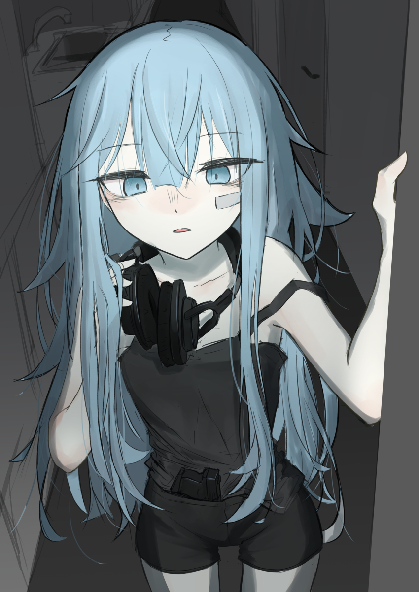 1girl absurdres bandaid bandaid_on_face black_camisole black_shorts blue_eyes blue_hair camisole cowboy_shot doorway gun gun_in_pants handgun headphones headphones_around_neck highres indoors looking_down minarai_yukidaruma original pale_skin parted_lips shorts solo thigh_strap weapon