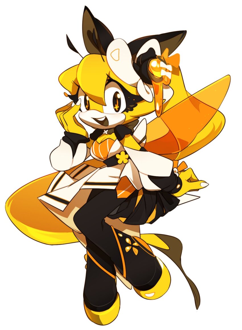 1girl :d antennae arthropod_girl bee_girl bee_wings black_bow black_flower black_pantyhose black_rose blonde_hair bow breasts cleavage detached_sleeves dress eyelashes flower full_body hair_bow highres honey insect_girl insect_wings long_hair looking_at_viewer monster_girl open_mouth orange_wings original pantyhose ponytail rose shoes simple_background smile solo sonic_(series) standing weon1119 white_background white_bow white_dress white_nails white_sleeves wings yellow_fur yellow_shoes