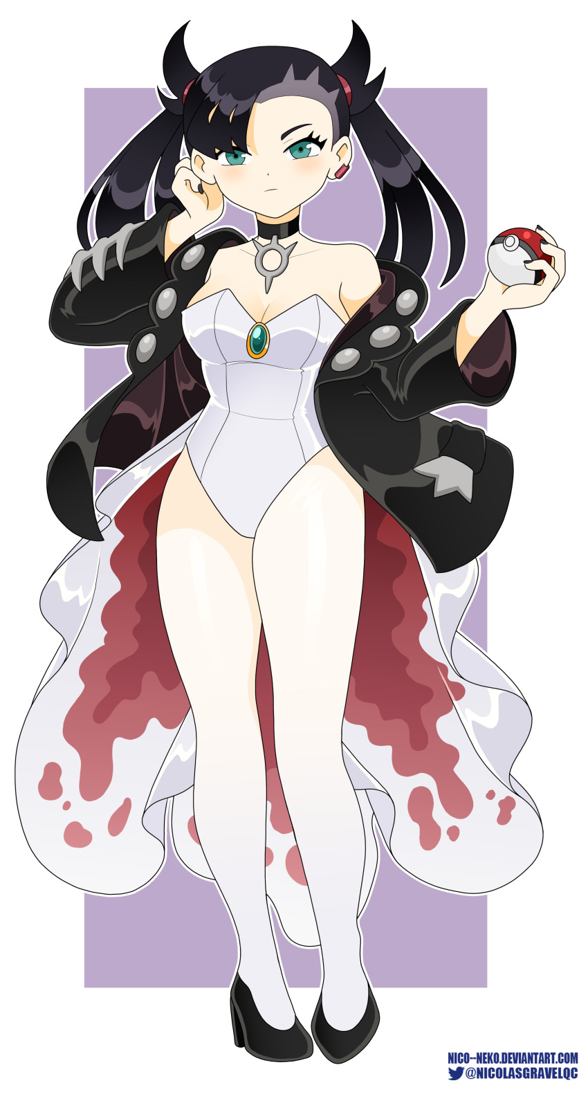 1girl absurdres asymmetrical_bangs black_choker black_hair black_jacket black_nails border breasts choker cleavage closed_mouth cosplay earrings full_body gen_1_pokemon goldeen goldeen_(cosplay) green_eyes high_heels highres holding holding_poke_ball jacket jewelry leotard looking_at_viewer marnie_(pokemon) medium_breasts nico-neko nintendo poke_ball poke_ball_(basic) pokemon pokemon_(anime) pokemon_(classic_anime) pokemon_swsh single_earring solo standing thighs twintails undercut white_border white_leotard