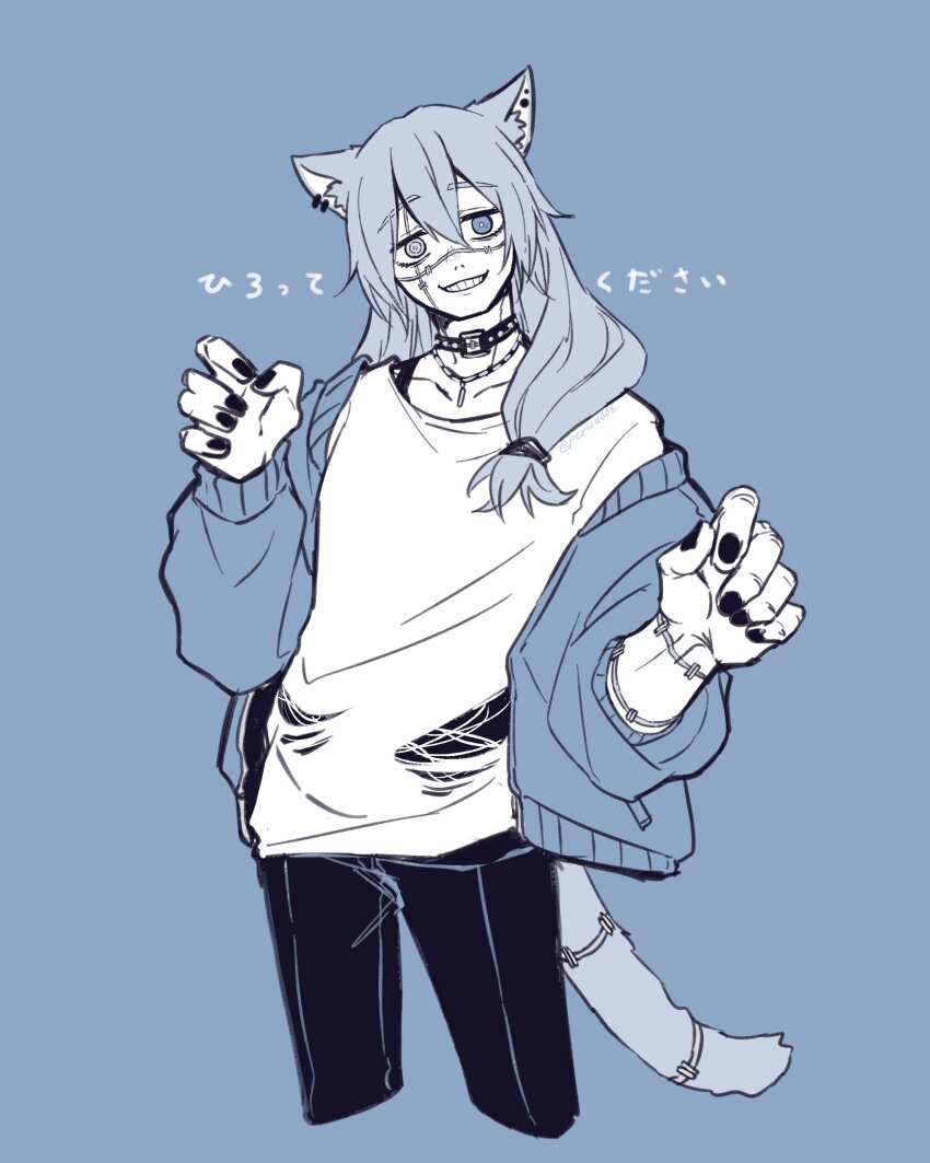 1boy absurdres akasuzu3641 animal_ear_fluff animal_ear_piercing animal_ears black_collar black_nails black_pants blue_eyes blue_hair cat_boy cat_ears cat_tail collar cropped_legs grey_eyes grey_hair grin hair_between_eyes hair_over_shoulder heterochromia highres jacket jewelry jujutsu_kaisen kemonomimi_mode blue_background light_blue_hair long_hair looking_at_viewer low-tied_long_hair mahito_(jujutsu_kaisen) male_focus necklace pants ringed_eyes shirt signature smile solo stitched_arm stitched_face stitched_hand stitched_tail stitches sweater_jacket t-shirt tail twitter_username white_shirt