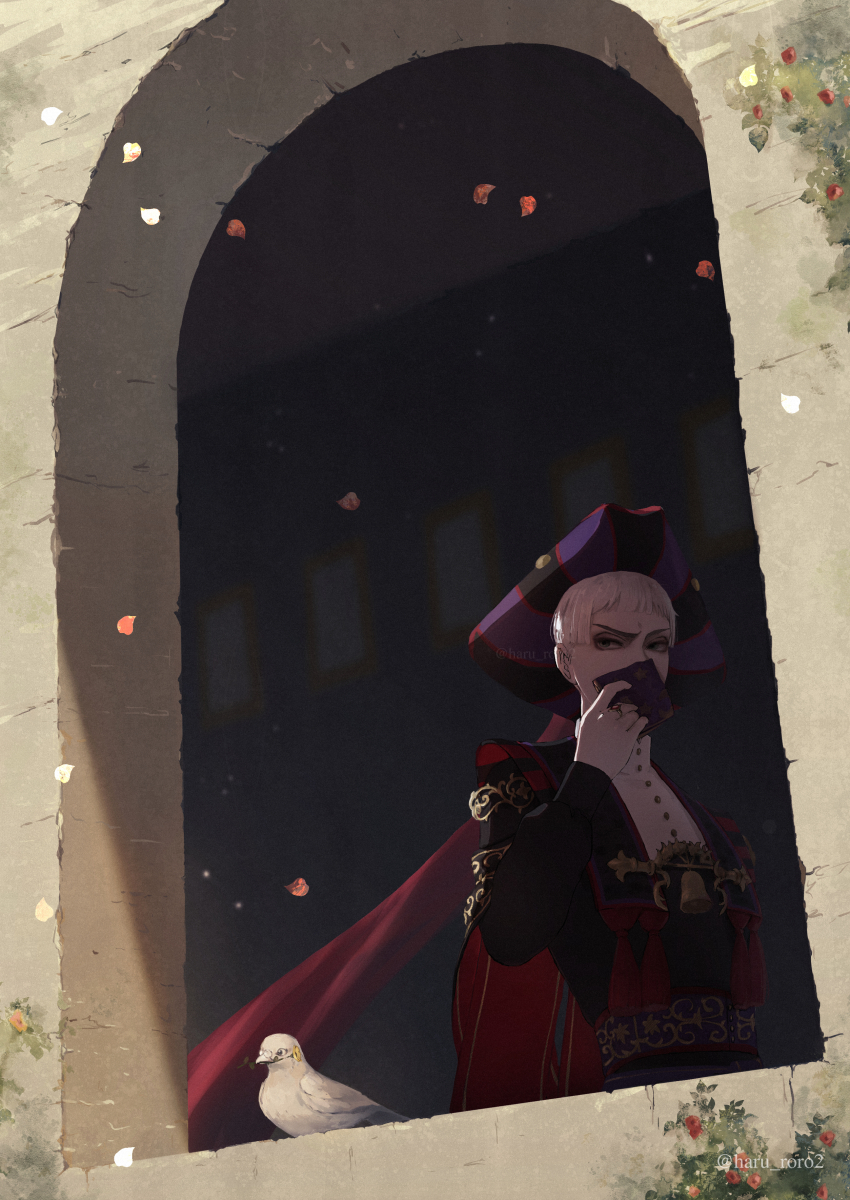 1boy absurdres bird commentary_request from_outside green_eyes grey_hair handkerchief hat highres holding holding_handkerchief jewelry long_sleeves looking_outside petals pigeon ring rollo_flamme roro_(haru_roro2) short_hair solo striped_hat tricorne twisted_wonderland twitter_username window