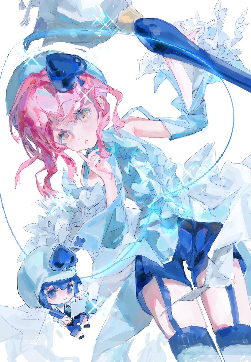 2girls absurdres amulet_spade amulet_spade_(cosplay) blue_hair blue_hat blue_shirt blue_shorts commentary cosplay cowboy_shot dutch_angle garter_straps hat highres hinamori_amu holding holding_paintbrush holding_paper holding_pen looking_at_viewer miki_(shugo_chara!) mini_person minigirl multiple_girls paintbrush paper pen pink_hair shirt shorts shugo_chara! sidelocks simple_background spade_(shape) sparkle symbol-only_commentary white_background xiangzizg