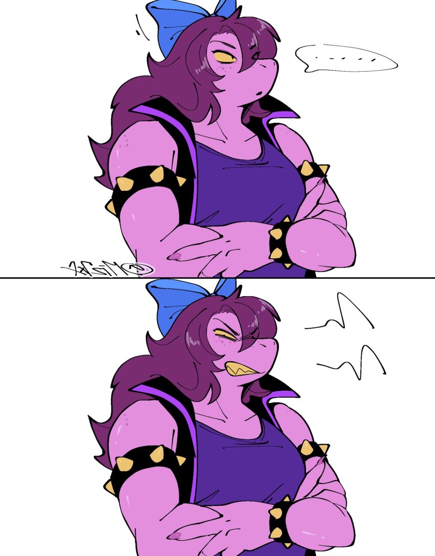 ... 1girl annoyed armlet bow bracelet clenched_teeth colored_sclera colored_skin crossed_arms deltarune furry furry_female hair_bow highres jewelry long_hair looking_at_viewer miz7xf multiple_views pink_skin purple_hair purple_shirt sequential sharp_teeth shirt simple_background solo spiked_armlet spiked_bracelet spikes spoken_ellipsis susie_(dark_world)_(deltarune) susie_(deltarune) swept_bangs teeth upper_body white_background yellow_sclera