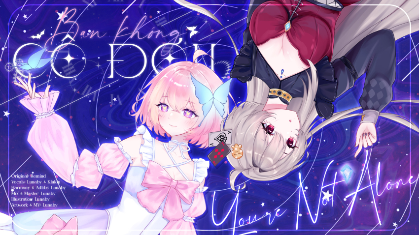 artist_request bow bowtie breasts butterfly_hair_ornament butterfly_in_eye check_artist cleavage dress frilled_dress frilled_sleeves frills grey_hair hair_ornament highres hojo_studio long_hair lunaby night night_sky pink_bow pink_bowtie pink_hair purple_eyes red_eyes short_hair sky smile vietnamese_commentary virtual_youtuber