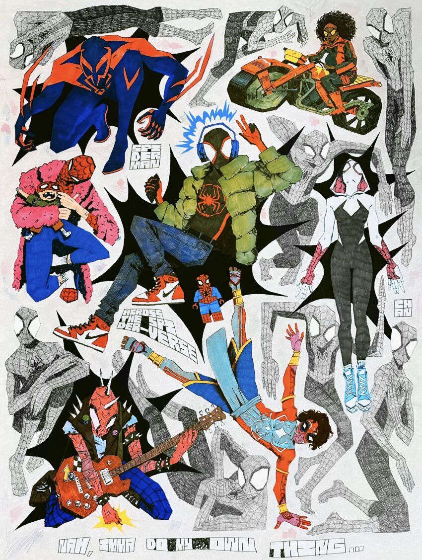 animal_print bodysuit chan_(flesh.png) character_request commentary english_commentary english_text guitar highres hood hooded_bodysuit instrument marvel motor_vehicle motorcycle music playing_guitar playing_instrument print_bodysuit riding shoes sneakers spider-gwen spider-man spider-man_(series) spider-verse spider_print two-tone_bodysuit