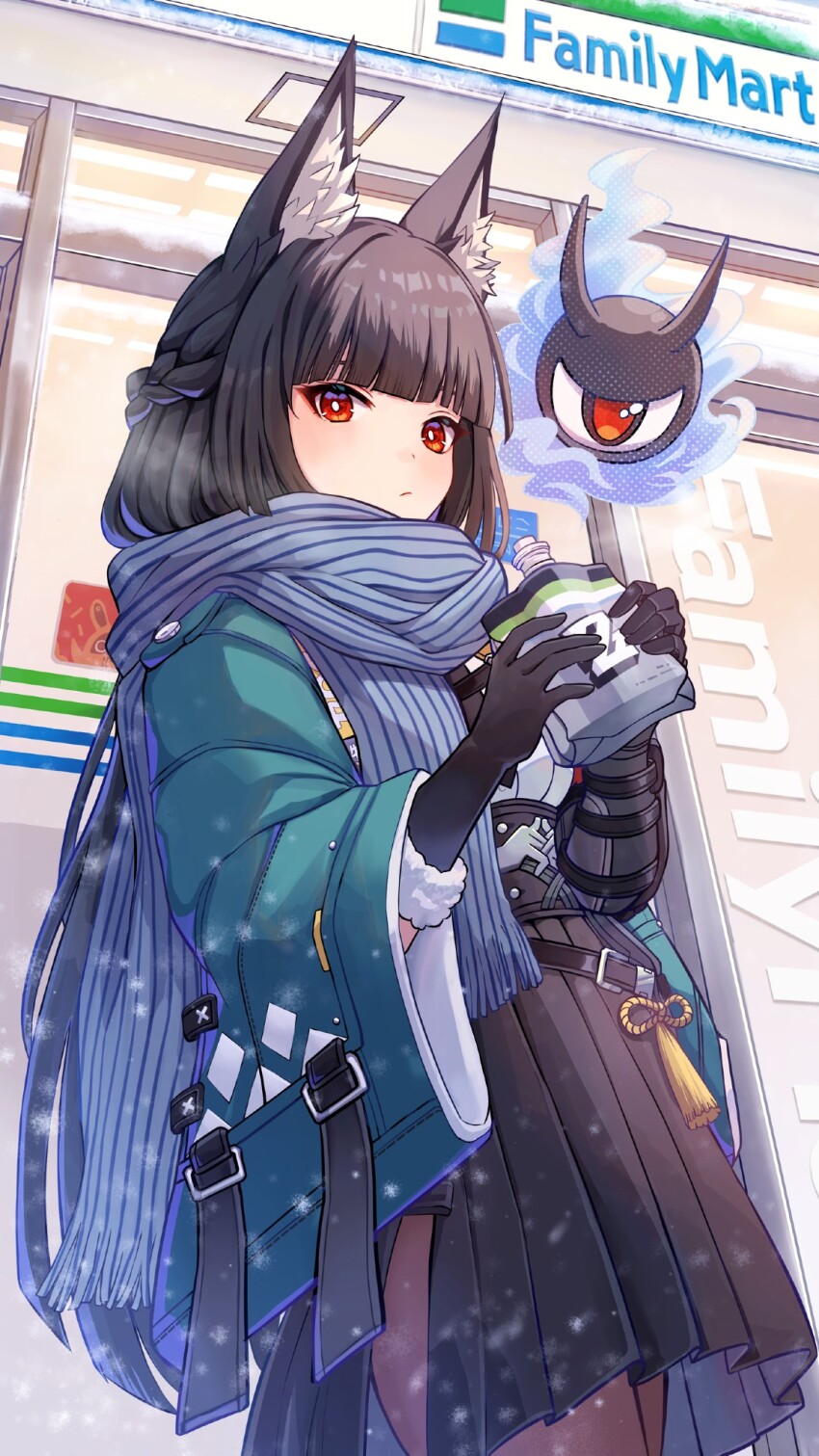 1girl animal_ear_fluff animal_ears black_gloves black_hair black_pantyhose black_skirt blue_scarf closed_mouth commentary_request cowboy_shot familymart fox_ears gloves hands_up high-waist_skirt highres holding hoshimi_miyabi long_hair long_sleeves looking_at_viewer marekamico outdoors pantyhose red_eyes scarf skirt solo standing tassel very_long_hair wide_sleeves zenless_zone_zero
