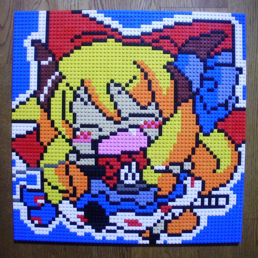 1girl blush_stickers chibi derivative_work closed_eyes fang female_focus highres horn_ornament horn_ribbon horns ibuki_suika lego lego_(medium) photo_(medium) pixel_art ribbon solo touhou unconventional_media you_rei_(blowback)