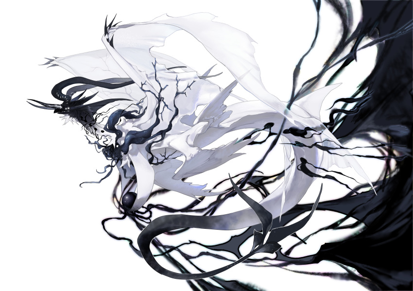 absurdres beak black_background black_fur black_horns colored_skin corruption deepsea9013 dragon extra_eyes feathered_wings from_side gradient_tail highres holding_orb horns monster monster_focus multicolored_skin multiple_horns multiple_wings orb original simple_background solo transparent_wings two-tone_background two-tone_skin white_background white_fur wings