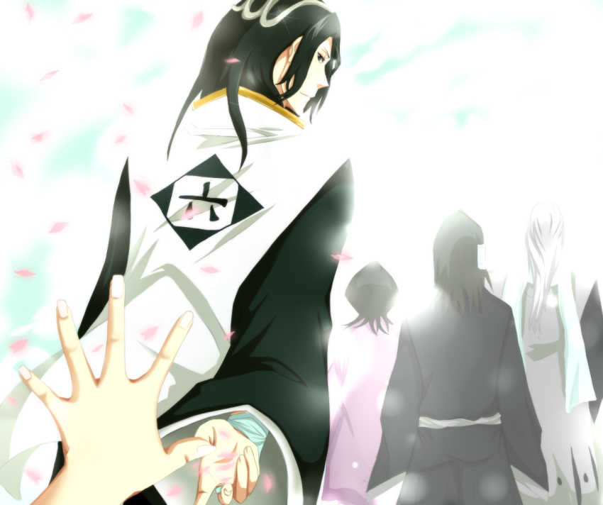 2girls 3boys black_eyes black_hair bleach brother brother_and_sister cherry_blossoms cloud family father_and_daughter father_and_son fingernails from_behind grandfather_and_granddaughter grandfather_and_grandson haori husband_and_wife japanese_clothes kuchiki_byakuya kuchiki_ginrei kuchiki_hisana kuchiki_rukia kuchiki_soujun long_hair long_sleeves multiple_boys multiple_girls out_of_frame petals scarf shihakusho shinigami short_hair siblings sister sisters taichou_haori white_hair