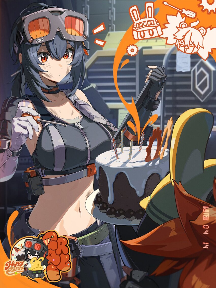 1other 2girls ^_^ bangboo_(zenless_zone_zero) belly birthday_cake black_gloves black_hair breasts cake chibi closed_eyes closed_mouth commentary crossed_bangs english_commentary food frown gloves goggles goggles_on_head grace_howard hair_between_eyes happy_birthday hard_hat helmet highres hug koleda_belobog large_breasts multicolored_gloves multiple_girls navel official_art open_mouth orange_eyes orange_hair safety_(zenless_zone_zero) smile stomach tablet_pc white_gloves zenless_zone_zero