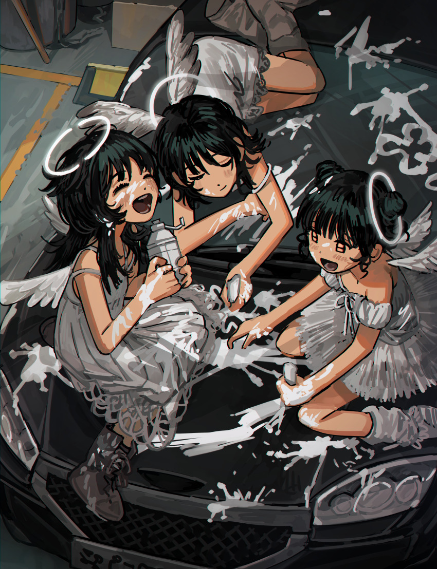 3girls absurdres angel angel_wings bad_id bad_pixiv_id blush boots broken_halo brown_eyes can car closed_eyes closed_mouth commentary cone_hair_bun double_bun drawing dress english_commentary from_above grey_footwear grey_wings hair_bun halo highres holding holding_can lace lace-trimmed_dress lace_trim laughing leg_warmers long_dress long_hair lying medium_hair motor_vehicle multicolored_wings multiple_girls myango_(applemangocrape) off-shoulder_dress off_shoulder on_car on_side open_mouth original paint_splatter paint_splatter_on_face paint_stains reclining short_hair sitting sleeveless sleeveless_dress smile spaghetti_strap splatter strap_slip tilted_headwear tutu wariza white_leg_warmers white_paint white_wings wings wolf_cut
